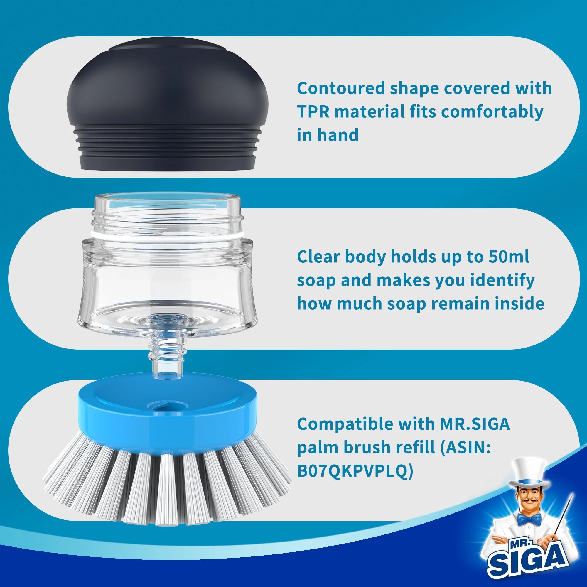 Soap Dispensing Palm Brush, Kitchen Brush for Dish Cleaning, 1 Pack, Navy,Nylon Brush